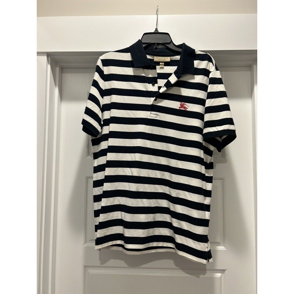 Burberry London Men's Navy Blue White Striped Polo Shirt S/S Jersey Large Preppy